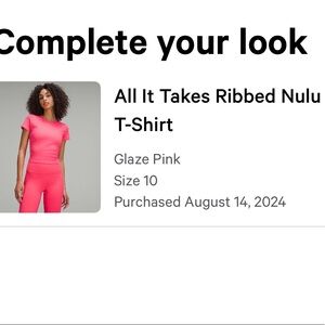 ✨NWOT✨ lululemon All It Takes Ribbed Nulu T-Shirt glaze pink size 10